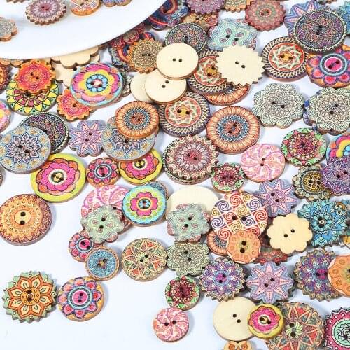 50pcs/lots Mixed Color Natural Wooden 2 Holes Buttons Vintage Round Spiral Sewing Buttons Prints Pattern Sewing Accessories