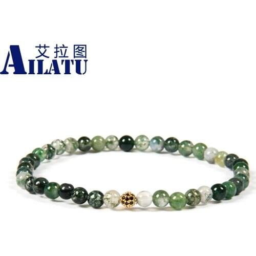 Ailatu Jewelry Wholesale 10pcs/lot New Arrival 4mm Natural Green Onyx Stone with Micro Paved Black cz Ball Beaded Bracelet
