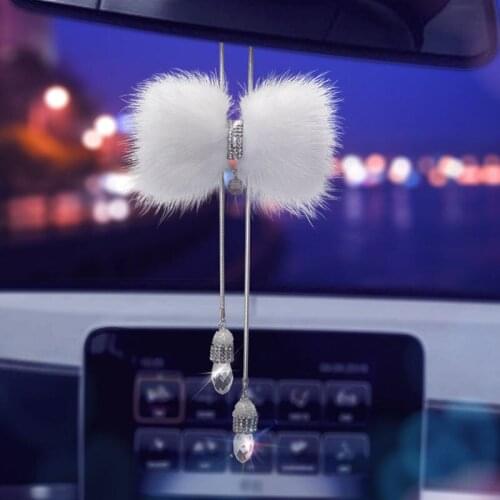 Car Decorations Rearview Mirror Interior Hanging Pendant High-grade Crystal Ornaments Hairy bow Styling white car Accessories