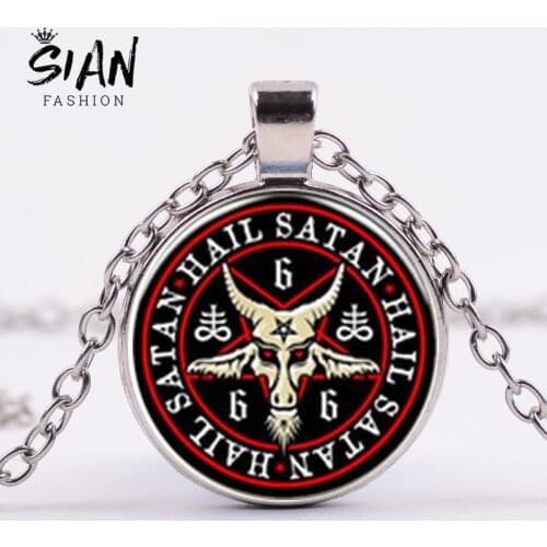 SIAN Fashion Retro Pentagram Goat Head Necklace Pan God Skull Satanism Occult Glass Cabochon Pendant Punk Gothic Jewelry for Man