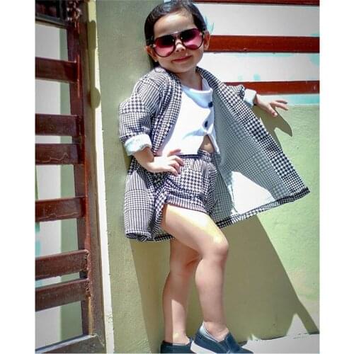 Free shipping Baby Girls clothes Short Sleeve solid Button Tops Geometry Coat plaid pocket shorts 3pc kids newborn Outfits