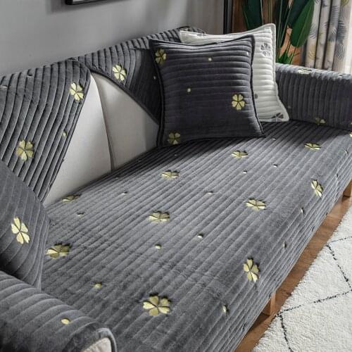 Nordic Modern Sofa Cover Plush Thicken Nonslip Sofa Cushion Embroidered Plant Grey White Sofa Cover for Living Room Decortation