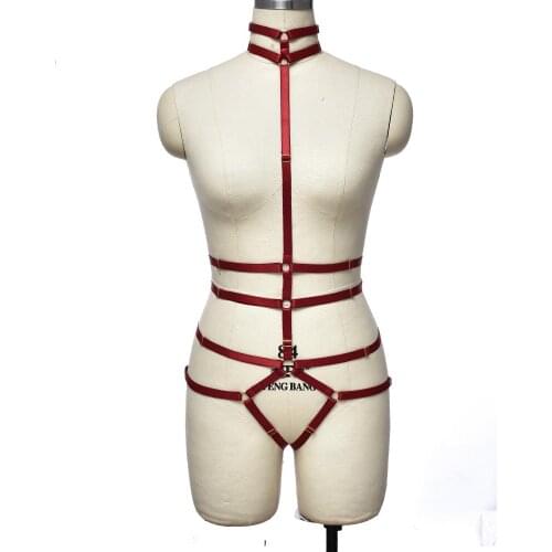 Women Red Elastic Body Harness Goth Rave Wear Bondage Body Cage Harness Belt Adjustable Bodysuit Cage Bra Sexy Lingerie Set