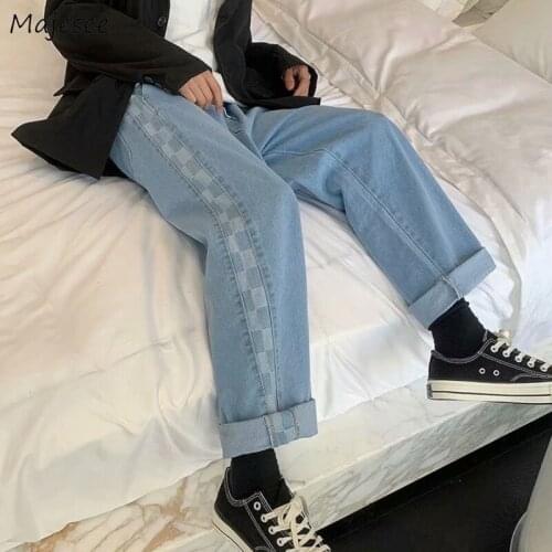 Jeans Men Patchwork Plaid Fashion Chic Harajuku Ankle-length Straight Streetwear Leisure Casual Loose Retro Young Style Teens