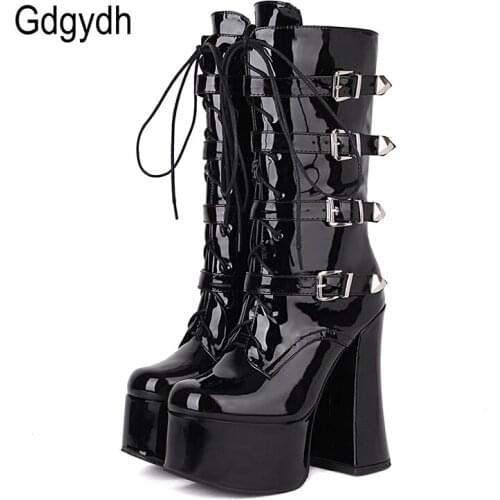 Gdgydh Lace Up Buckled Long Black Patent Boots With Chunky Heel Fashion Dance Boots Women High Quality Fall Platform Thick Sole
