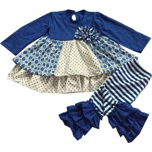 Best selling children clothing blue long sleeve print mini dress stripes ruffle little kids outfits