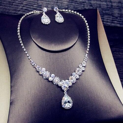 Cute Female Crystal Water Drop Jewelry Set Charm Silver Color Dangle Earrings For Women Boho White Zircon Wedding Chain Necklace