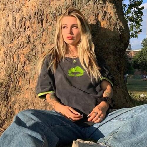 Oversized basic printed Vintage female Clothes loose girl y2k Tops o-neck fashion short-sleeves t-shirt Women Summer streetwears