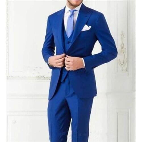 New Classic Men’s Suit Smolking Noivo Terno Slim Fit Easculino Evening Suits For Men Blue Peaked Lapel Tuxedo Groomsman Bridegro