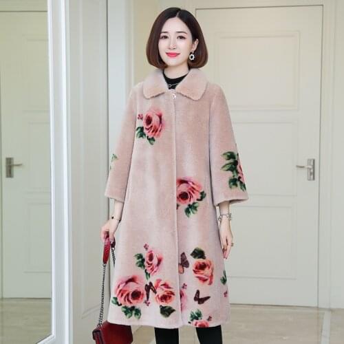 Real Sheep Shearling Fur Coat Winter Jacket Women Mink Fur Collar 100% Wool Coat Print Korean Long Coat Manteau Femme MY