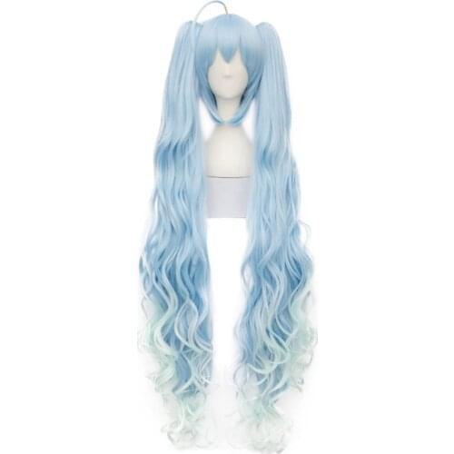 100cm/39" VOCALOID SEASON women Magical Snow MIKU cosplay wig long gradient blue hair with ponytails + wig cap