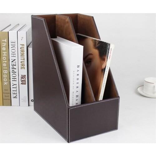 2-grid a4 wooden leather office desktop file book magazine stand rack holder table document filing box organizer brown