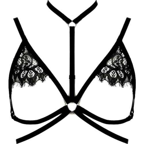 JLX.HARNESS Lace Sexy Bra Body Harness Lingerie Belt Black Hollow Lace Bra Goth Bondage Body Harness Punk Edgy Brassiere