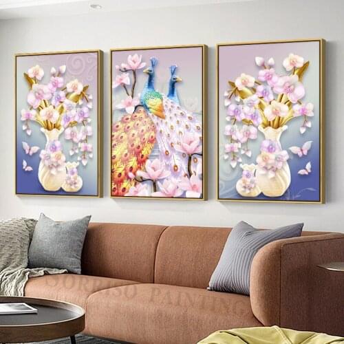 Pink Peacock Flower Vase Canvas Painting Prints Pictures For Living Room Home Dining Decor Hallway Wall Art Bedroom Posters