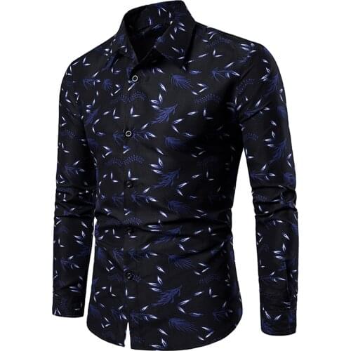 Spring Autumn Men Long-Sleeved Shirts Fashion Personality Slim Lapel Feather Print Lapel Long-Sleeved Shirt Shirt Male M/-4XL