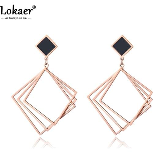 Lokaer Hiphop/rock Titanium Stainless Steel Geometric Stud Earrings Hollowed Out Squares Earrings For Women Girls E19164