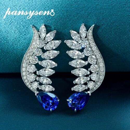 PANSYSEN Solid Silver 925 Water Drop Sapphire Created Moissanite Diamonds Ear Stud Earrings Ladies Anniversary Fine Jewelry Gift