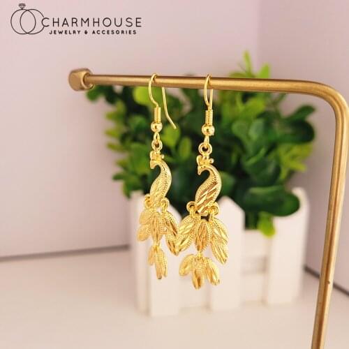 24K Gold Color Charm Earrings For Women Peacock Long Tassel Earring Drop Brincos Femme 2021 Wedding Jewelry Accesories Bijoux