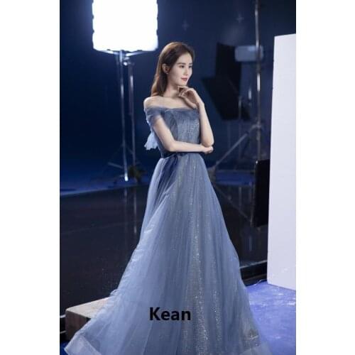 Blue Sequin Evening Dress Off the Shoulder Illusion Vestidos De Festa Custom Vintage Prom Dresses Party Evening Dress