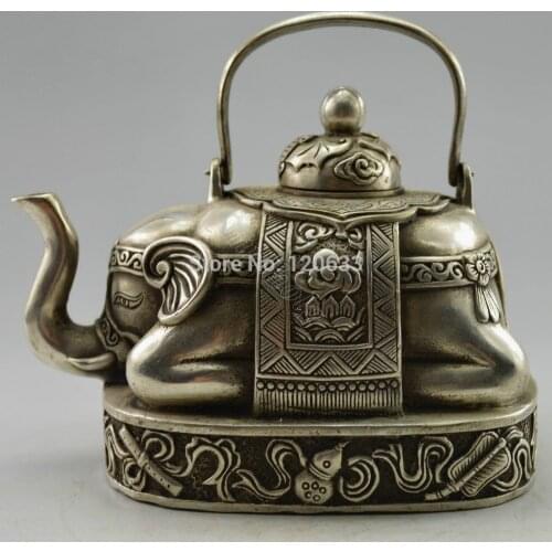 Decorated Handwork Tibet Silver Carved Elephant Tea Pot Decoration BRASS art Decoration 100% real Tibetan Silver Brass