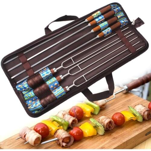 Outdoor BBQ barbecue fork stainless steel U-shaped eco-friendly wooden handle picnic 7 PCS / set skewers kebab grilling tools