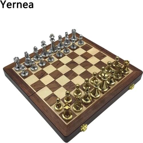 Yernea Entertainment Wooden Folding Chessboard Retro Metal Alloy Chess Pieces Chess Game Set High Quality Chessboard Gift