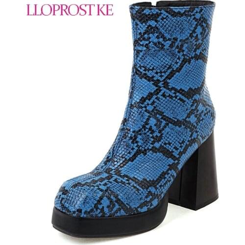 Lloprost ke 2021 Big Size 48 High Heels Platform Boots Women Shoes Snake Square Toe European Style Winter Ankle Boots Women