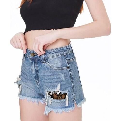 2021 New Women High Waist Holes Flowing Lace Denim Jeans Shorts
