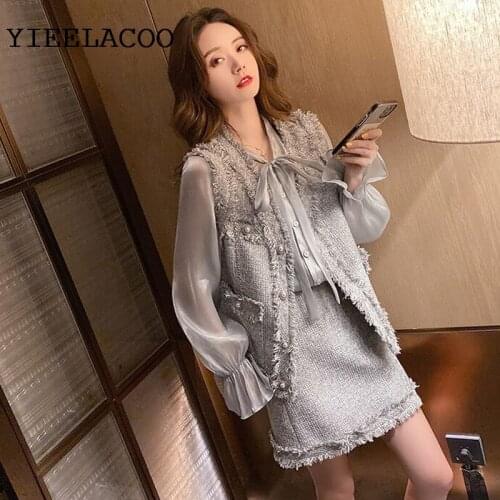 Gray Professional suit tweed Sleeveless jacket + skirt suit Autumn / Winter womens jacket ladies 2 piece Elegant Skirt Set