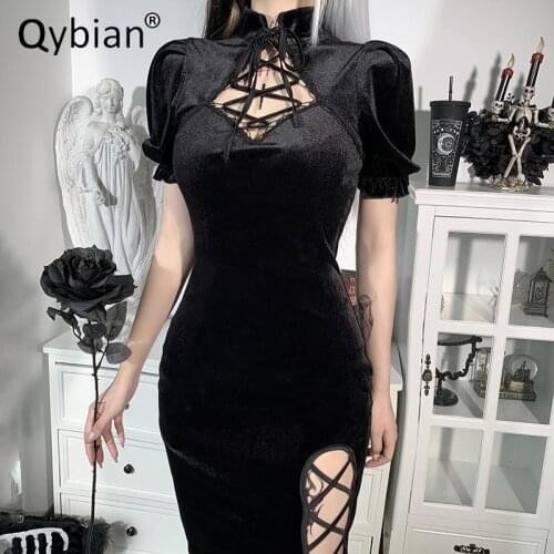 Dark Korean Velvet Improved Cheongsam Half Split Dress Women Hollow Out Lace Stand Collar Bubble Sleeve Summer Sexy Dress