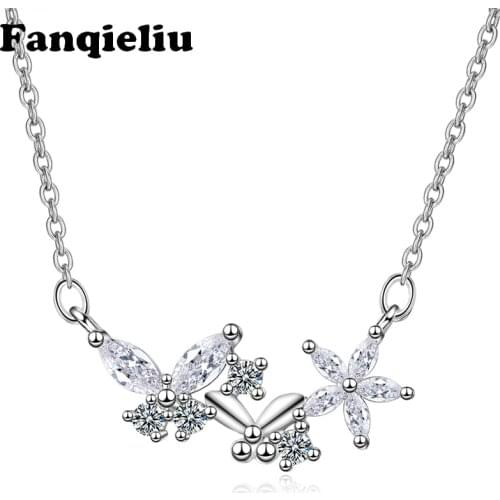 Fanqieliu Transparent Crystal Flower Butterfly Pendants 925 Sterling Silver Necklace For Women Trendy Pendant Necklace FQL20275