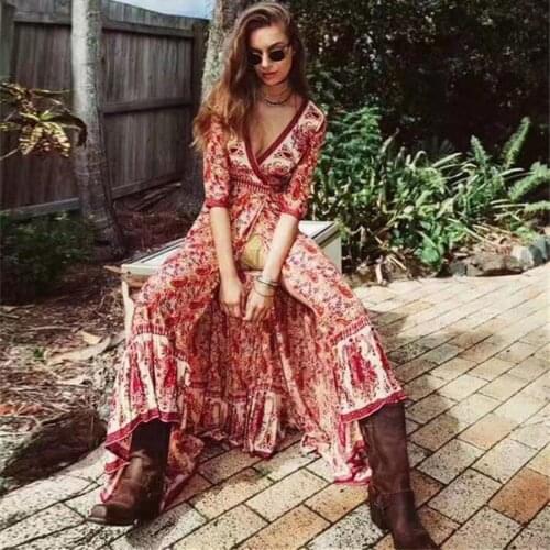 AYUALIN midi wrap dresses for women orange rayon Floral print sexy V-Neck autumn Dress beach women Dress long boho dresses robe