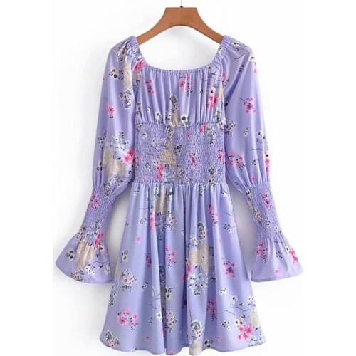 YENKYE Sweet Floral Print Elastic Waist Dress Women Sexy Square Neck Long Sleeve Summer Ladies Dresses Holiday Vestido
