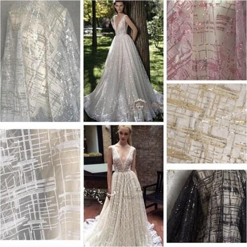 Gold Black Silver Pink Sequins Horizontal Vertical Stripes Lace Fabric Dress Handmade DIY Wedding Dress Mesh Fabric