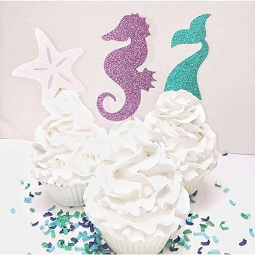 12pcs Mermaid Happy Birthday Cupcake Topper Cute Ocean Animals Cake Topper Wedding Baby Shower Mermaid Party Cake Decorations