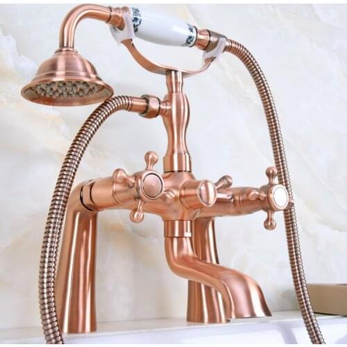 Antique Red Copper Dual Handle Bathroom Tub Faucet Deck Mounted Bathtub Mixer Taps with Handshower Kna161