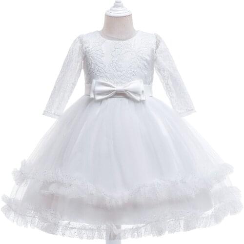 White Flower Girl Dress Kids Pageant Birthday Formal Party Lace Long Sleeves First Communion Dress Prom Gown 4-10Y