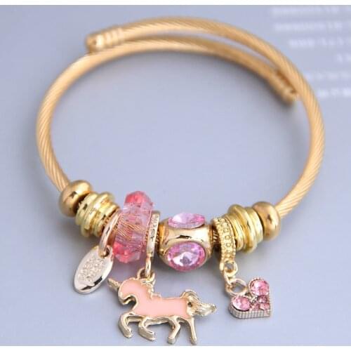 Cuff Bangles for Women Crystal Love Heart Stainless Steel Bracelet Femme Fashion Gold Color Wire Animal Horse Charms Jewelry New