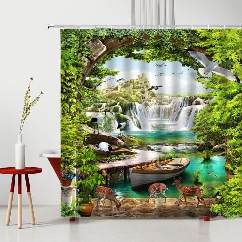 Landscape Mountain Water Waterfall Shower Curtain Washable Green Plant White Crane Deer Polyester Bathroom Decor Bathtub Curtain