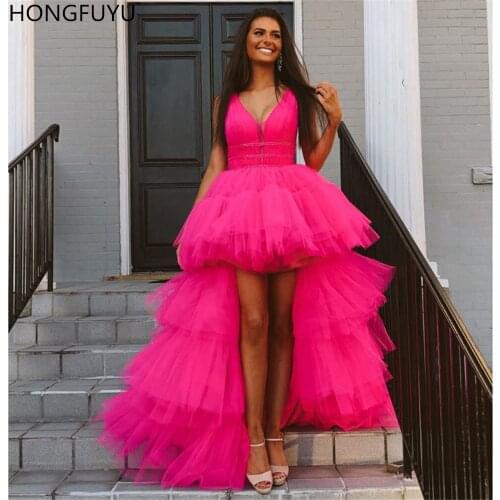 HONGFUYU High-low Tiered Tulle Prom Dresses Sheer V-neck vestido de fiesta de graduación Evening Gowns Ruched robe de soiree