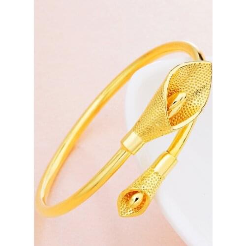 Korean Fashion Bangles for Women Pure Gold Color Calla Women Bangles Wedding Engagement Bride Luxury Jewelry Wholesale