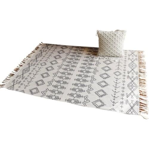 Machine Washable Retro Bohemian Carpet Hand Woven Cotton Linen Carpet Rug Bedside Rug Geometric Floor Mat Living Room Bedroom Ca