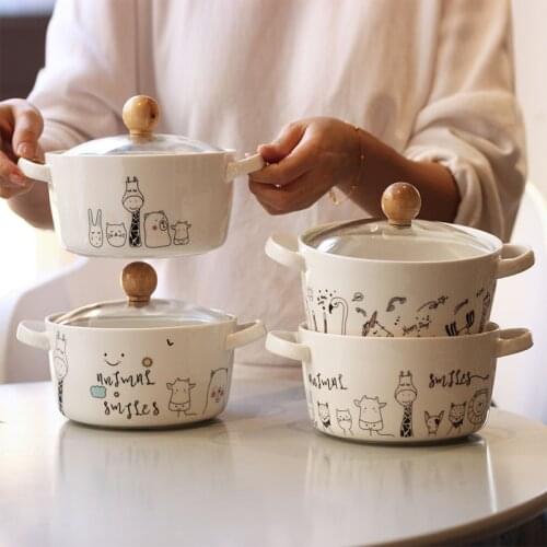 Cartoon Creative Animal Ceramic Noodle Bowl with Cap Double Ear Anti Scalding Korean Style Large Soup Bowl