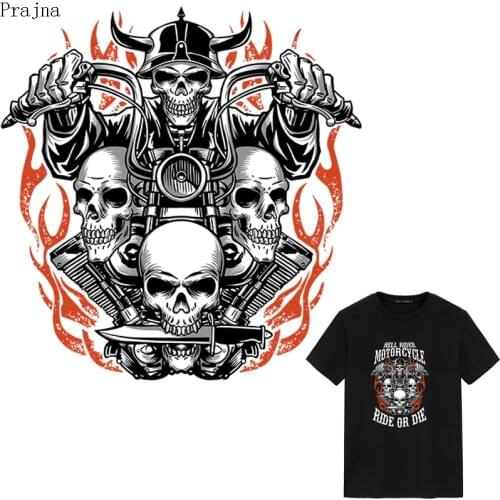 Prajna Motorcycle Skull Iron On Transfer Patches Stripes For Clothes Heat Transfer Vinyl Thermal Applique Stickers On Clothes