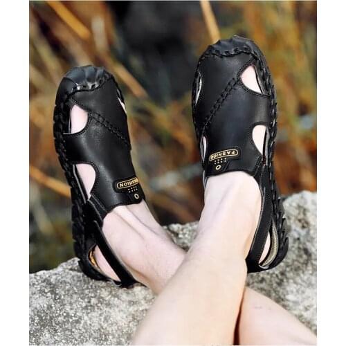 Genuine Leather Men Shoes Summer New Large Size Mens Sandals Fashion Baotou Antiskid Low Top Flat Shoes Outdoor Sports Walking