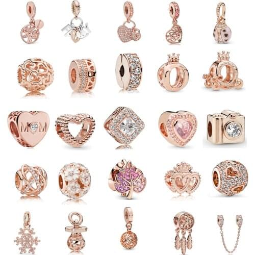 New fashion charm original rose gold inlaid pink love Beaded pendant suitable for Pandora Bracelet Necklace Jewelry DIY