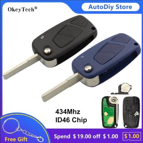 Okeytech 434Mhz For Fiat 500 Punto Ducato Iveco Stilo Panda Doblo Bravo Flip Fold Remote Car Key PCF7946 ID46 Chip Black Or Blue