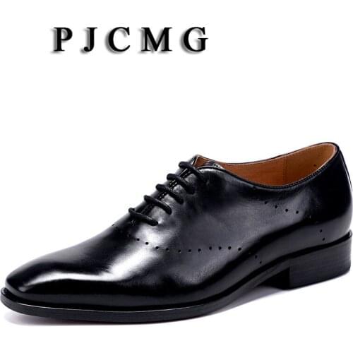 PJCMG New Breathable Black/Red Dress Genuine Leather Carved Style Solid Pointed Toe Lace-Up Business Wedding Office Shoes