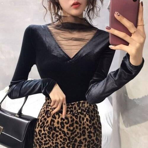 Sexy Hollow Out Womens T Shirt Fashion 2020 Spring Mesh Patchwork T Shirt Long Sleeve Turtleneck Velvet Shirt Femme Tops