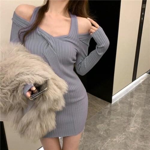 Knitted Basedress Female Spring Autumn New Style Halter Off Shoulder Long Sleeve Dress Slim Tight Short Skirt Sexy Low Cut